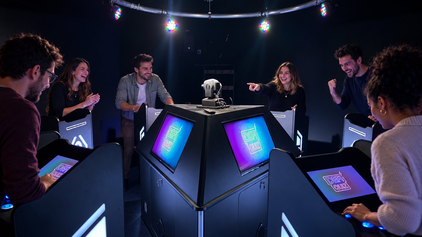 Des joueurs autour du plateau TV immersif de Défi Quiz à Reims